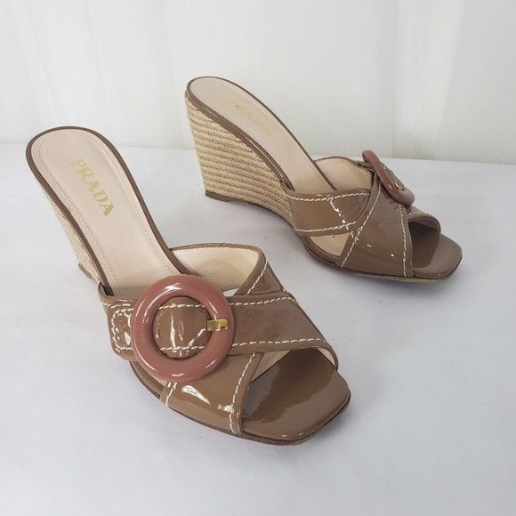 image of Prada Wedge Sandal Jute Espadrille Heel Shoes Brown Patent Leather in Brown Tan, Women's (Size 7.5)