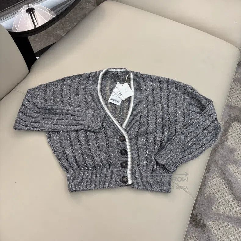 Brunello Cucinelli Brunello Cucinelli Grey Sequin Knit Cardigan with Netted O Size S / US 4 / IT 40 - 1 Thumbnail