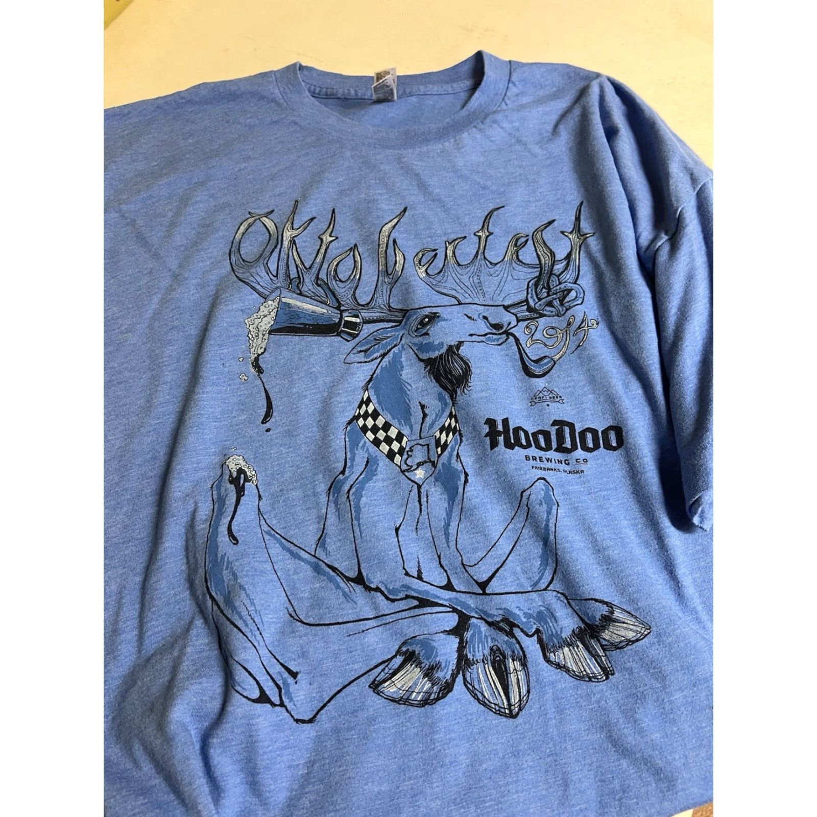 American Apparel HooDoo Brewing Co. Beer T Shirt 2XL Blue Moose Short Sleeve Shirt Men Regular Cotton Blend Knit Alaska Vintage? Size US XXL / EU 58 / 5 - 3 Thumbnail