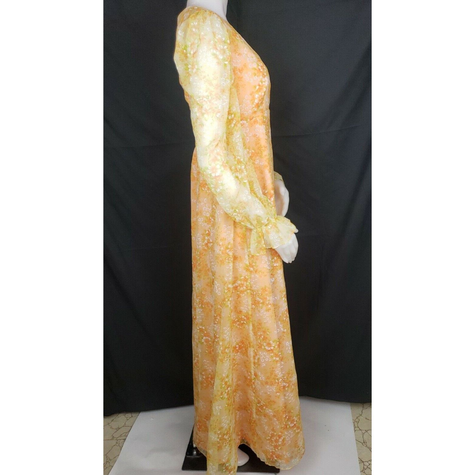 Handmade Vtg Maxi Dress Sz M Orange Floral Chiffon Overlay Empire Pra Size M / US 6-8 / IT 42-44 - 8 Thumbnail