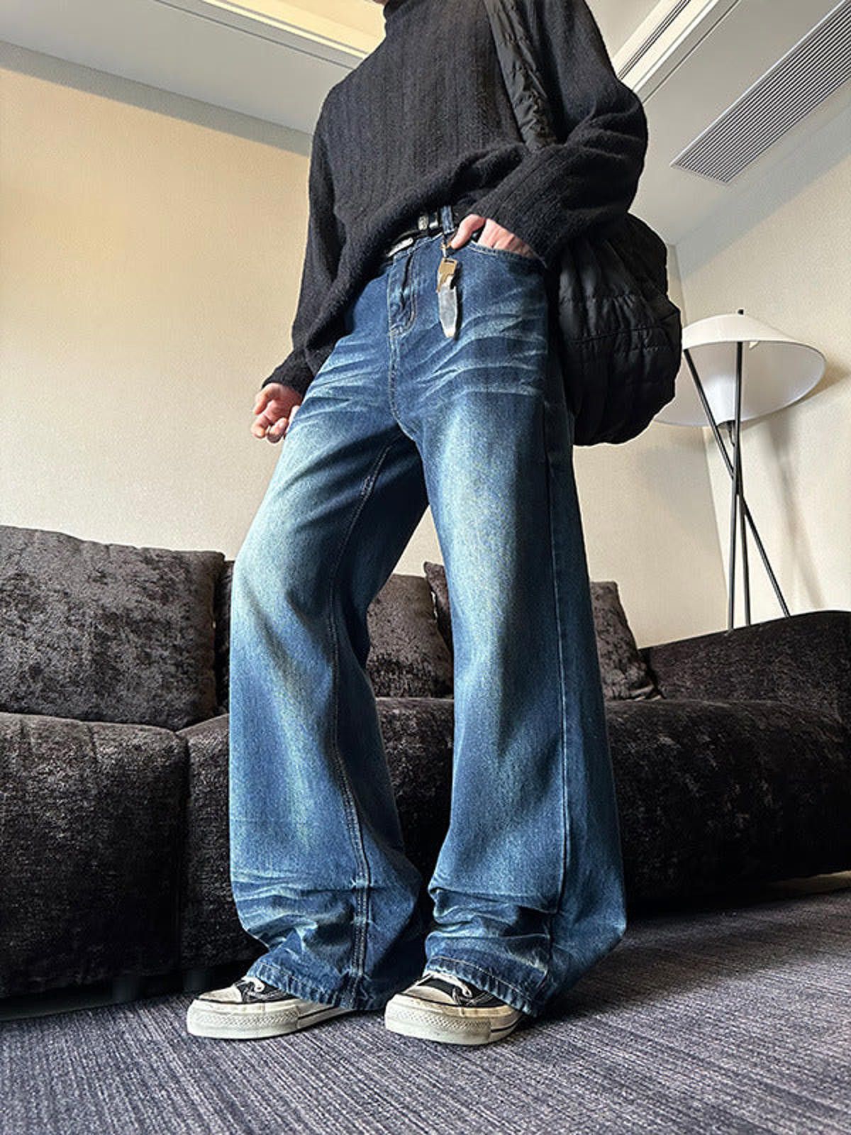 Blue Wide Leg Denim Jeans Stacked Baggy Jeans