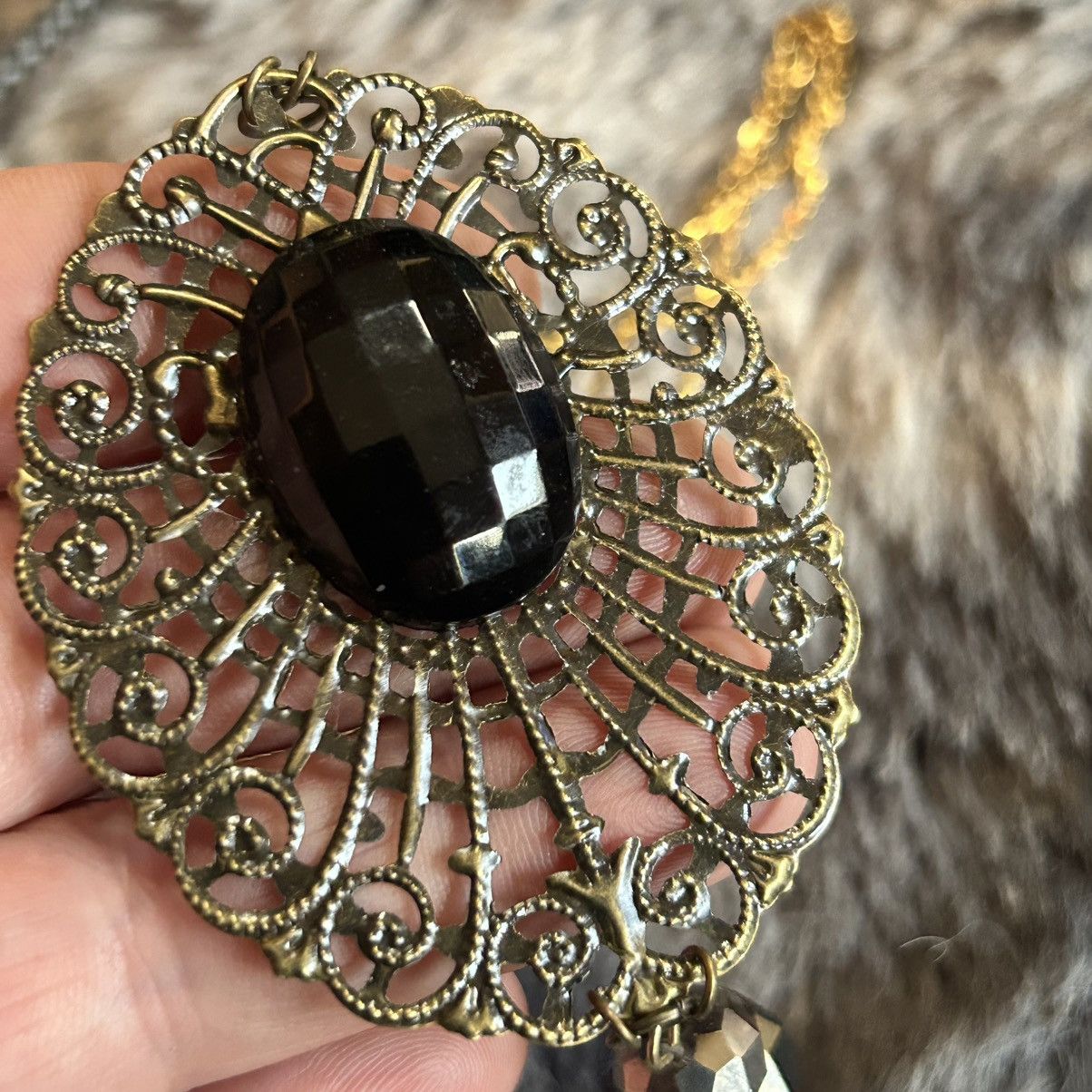 Handmade Handcrafted brass filigree faceted dome black glass necklace Size ONE SIZE - 6 Thumbnail