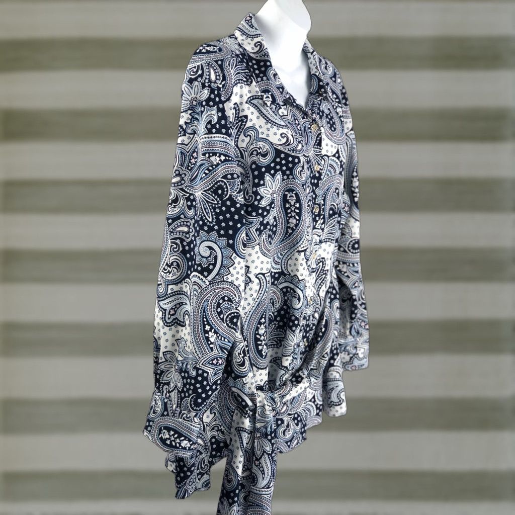 Tommy Hilfiger Tommy Hilfiger Top 1X Blue/Wht Paisley Sash Tie long Sleeves Button Boho Hippie Size XL / US 12-14 / IT 48-50 - 1 Thumbnail