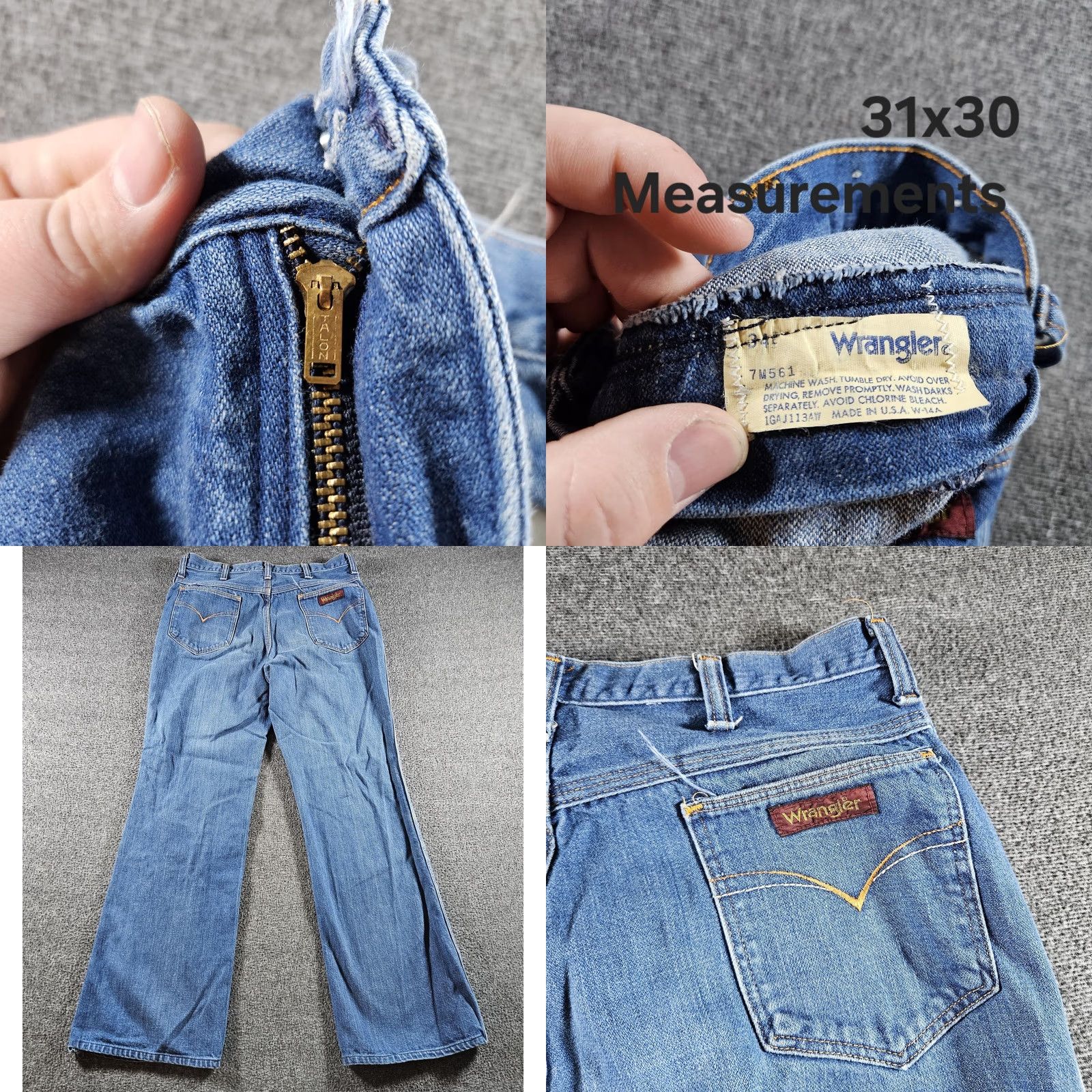 Wrangler VINTAGE Wrangler Jeans 7M561 Mens 31x30 Blue Relaxed Wide-Leg USA Denim Thick Cotton Zip Pockets Light Distressed 80s Mens Size US 31 - 8 Thumbnail
