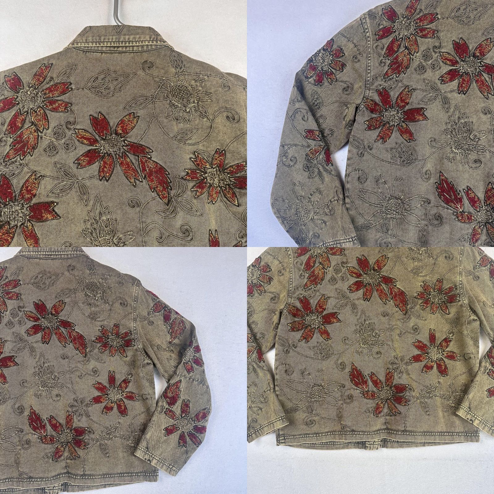 Vintage Chico's Jacket Womens 0 Small Khaki Floral Embroidered Denim Button Collared Pockets Short Size XS / US 0-2 / IT 36-38 - 9 Thumbnail