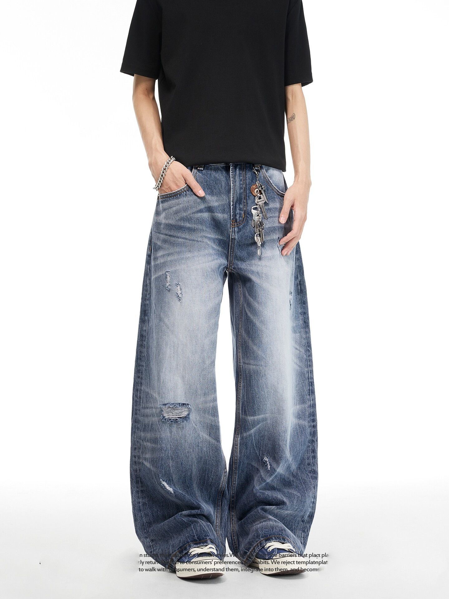 Vintage Retro Straight Distressed Washed Denim Jeans with Whiskering Size US 32 / EU 48 - 2 Thumbnail