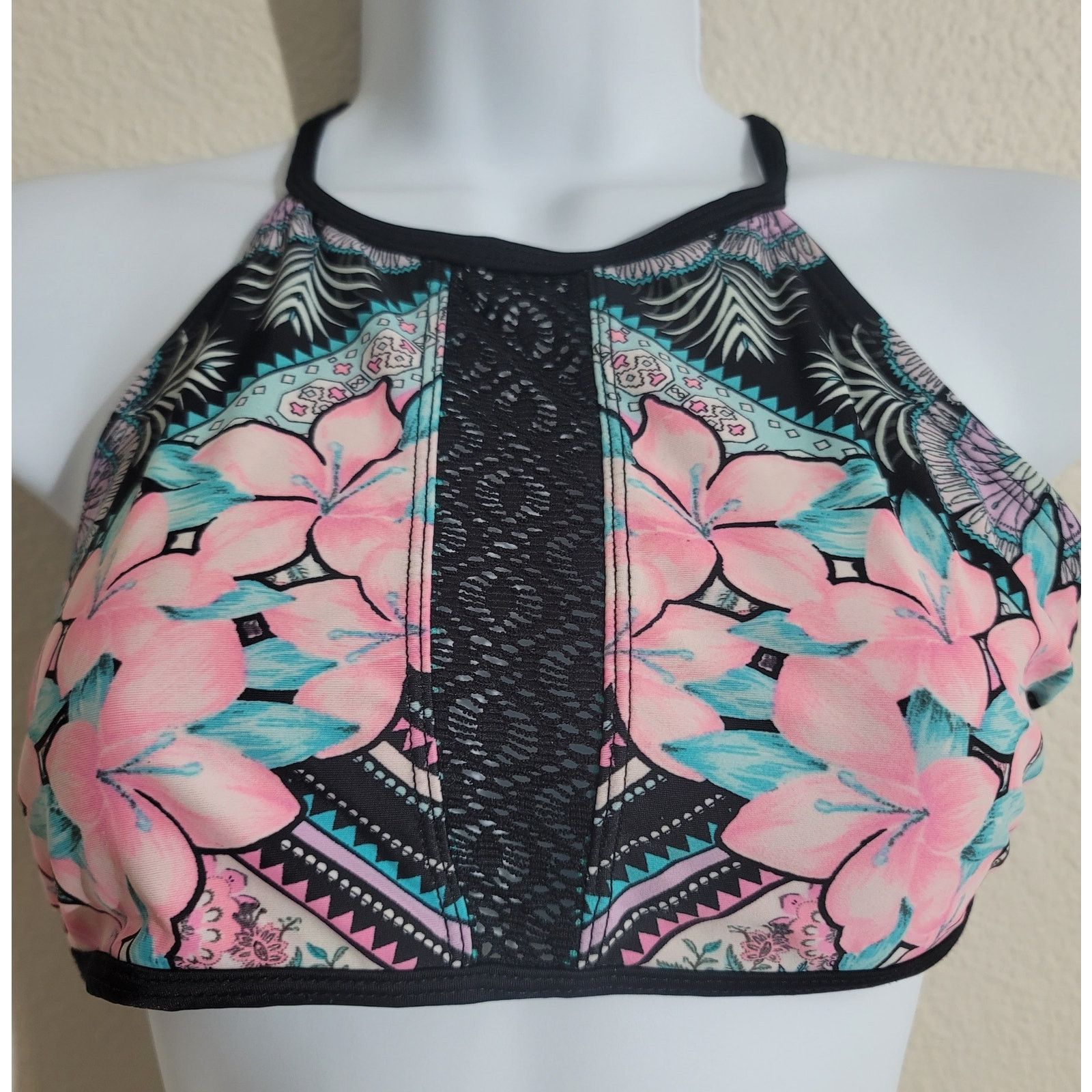 Op Black Pink Floral Crochet Halter Crisscross Bikini Top S, Women's