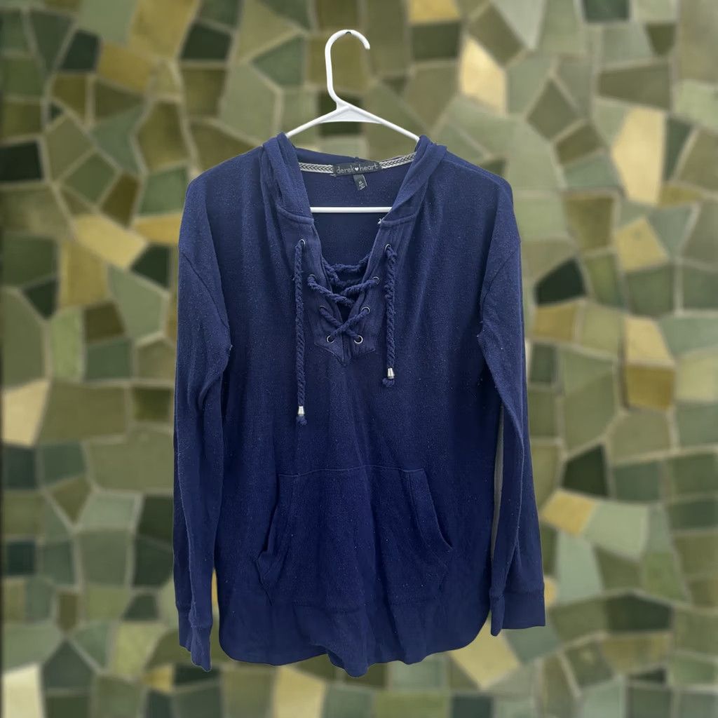 Vintage Derek Heart Womens Shirt Blouse Long Sleeve Hooded CrissCross Neckline Blue Size M Regular Pattern Solid Size M / US 6-8 / IT 42-44 - 1 Thumbnail