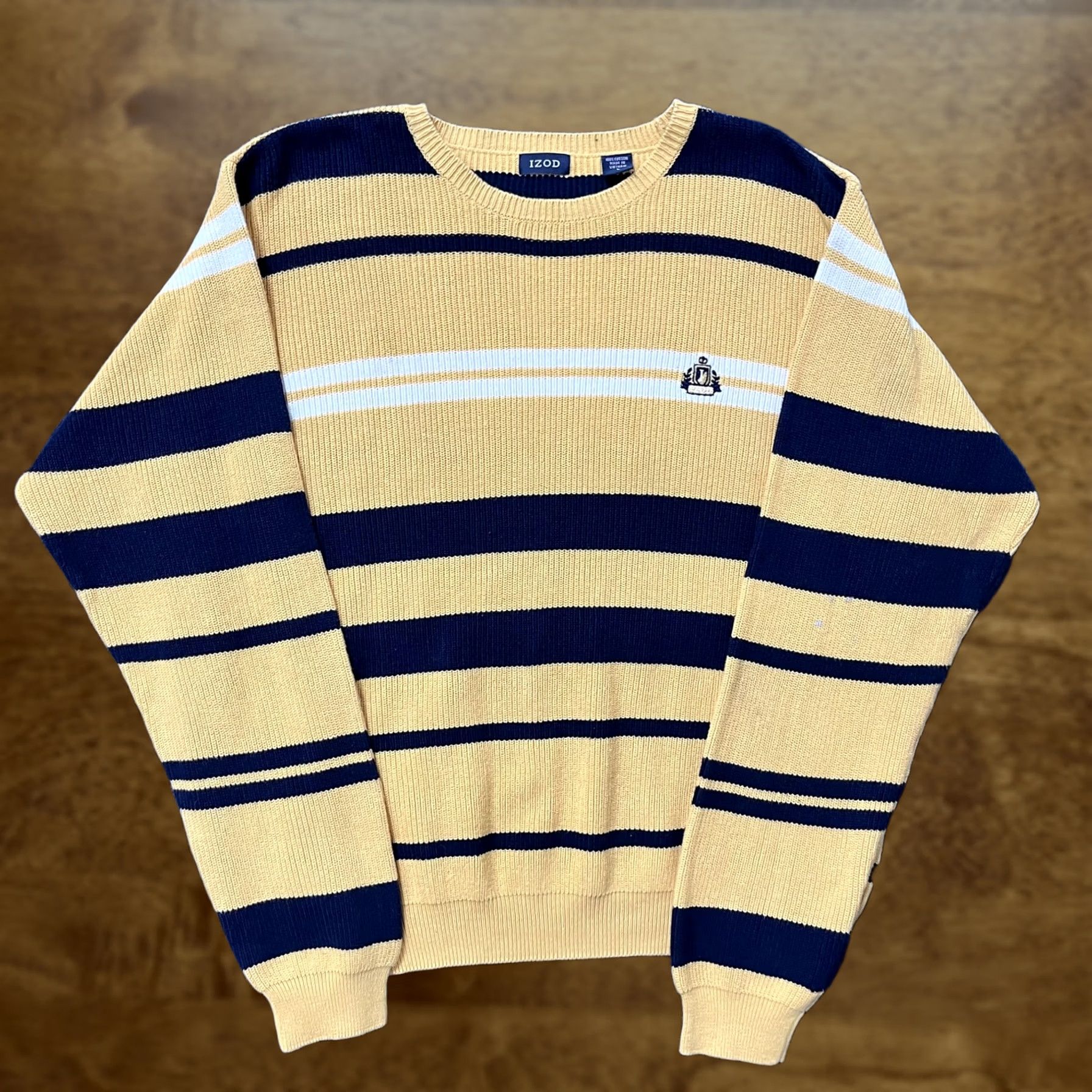 Izod VINTAGE IZOD Sweater Mens Large Yellow Navy Stripe Crewneck Cotton Preppy Knit Size US L / EU 52-54 / 3 - 1 Thumbnail