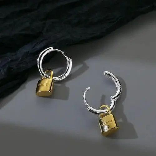 Designer × Sterling Silver Titanium Steel Gold Lock Dangle Drop Earrings for Men Women Size ONE SIZE - 1 Thumbnail