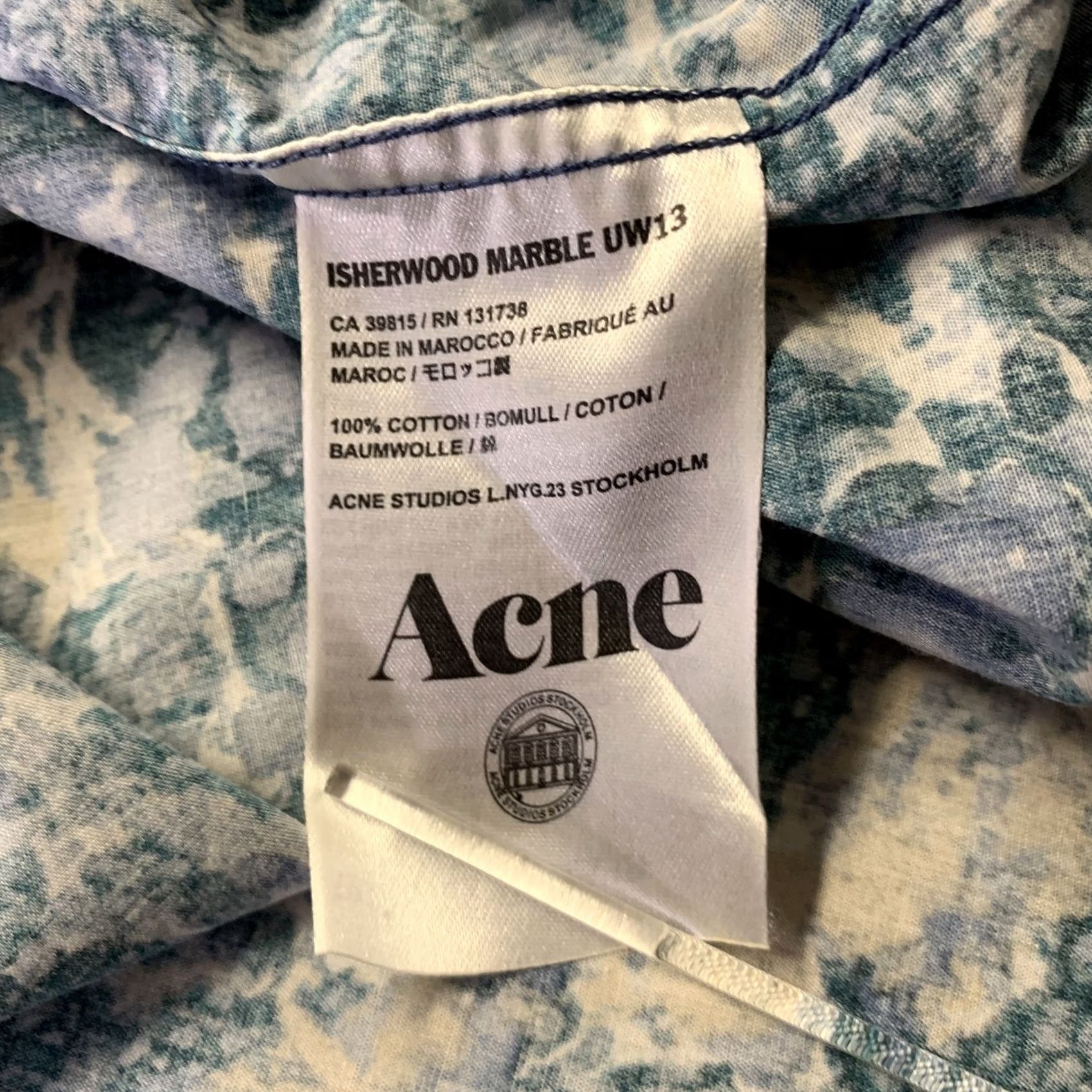 Acne Studios ACNE STUDIOS Size M Blue Teal Marbled Cotton Button Down Long Sleeve Shirt Size US M / EU 48-50 / 2 - 6 Thumbnail