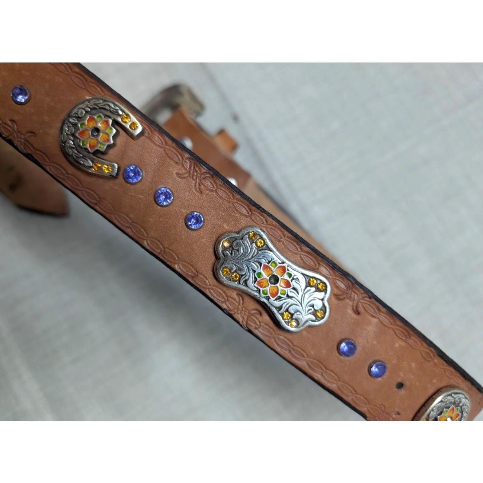 Vintage VINTAGE HANDCRAFTED Western Belt Unisex Adults 32 Brown Tooled Rhinestone Studded Cowboy Buckle Belt Western 90s Size 32 - 7 Thumbnail
