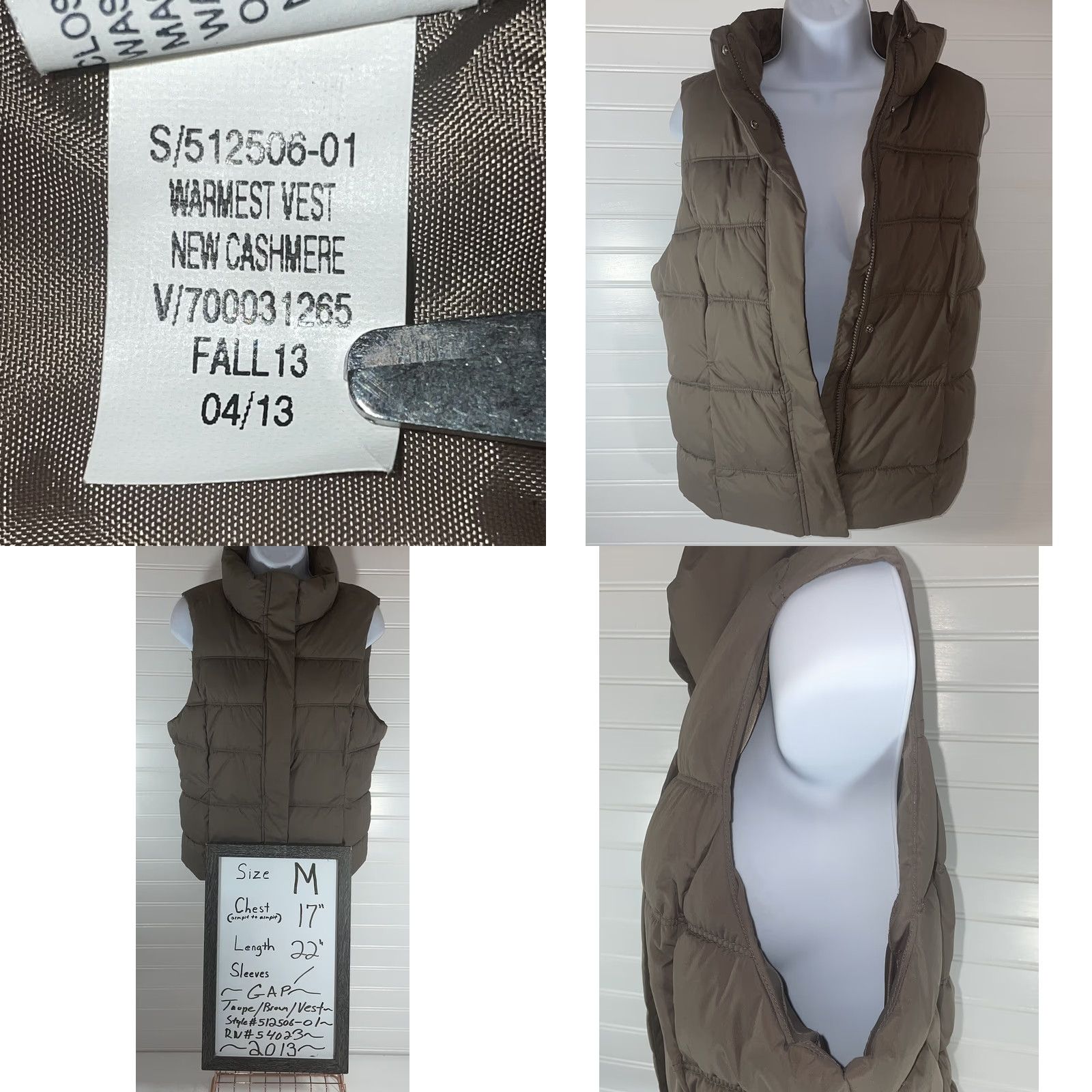 Gap Gap Womens Medium Puffer Vest Zip Snap Front Taupe Brown High Neck Gathered Back Vest Size M / US 6-8 / IT 42-44 - 8 Thumbnail