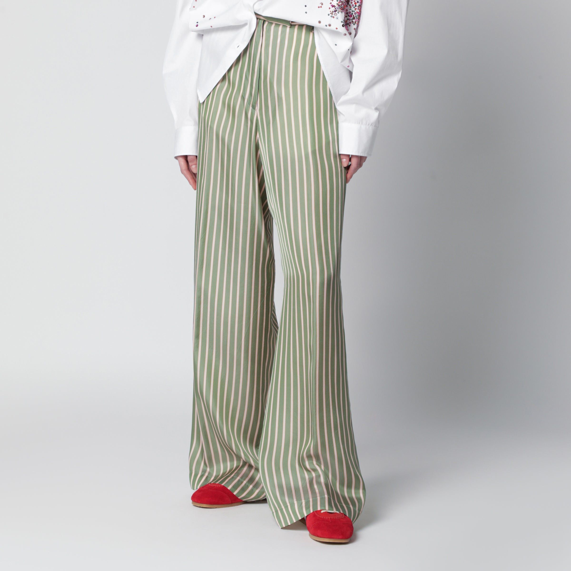 Dries Van Noten Dries Van Noten Wide-Leg Green Striped Trousers Size 30" / US 8 / IT 44 - 1 Thumbnail