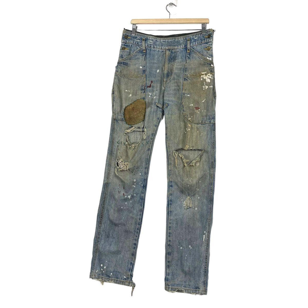 Japanese Brand THRASHED💥BLUE UNION MADE PAINTER DISTRESSED DENIM JEAN Size US 32 / EU 48 - 2 Thumbnail