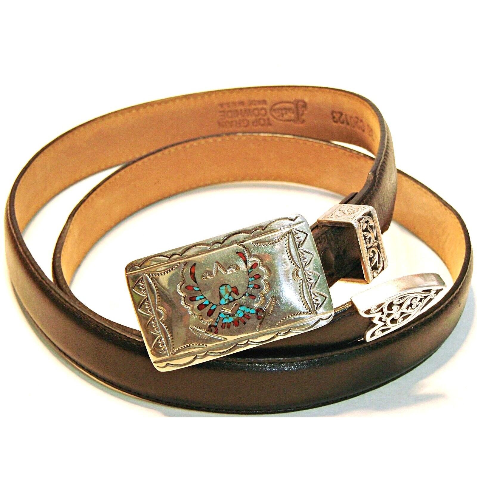 image of Justin Silver Turquoise Coral Inlay Thunderbird Buckle Wcb W/ Black, Men's (Size 36)