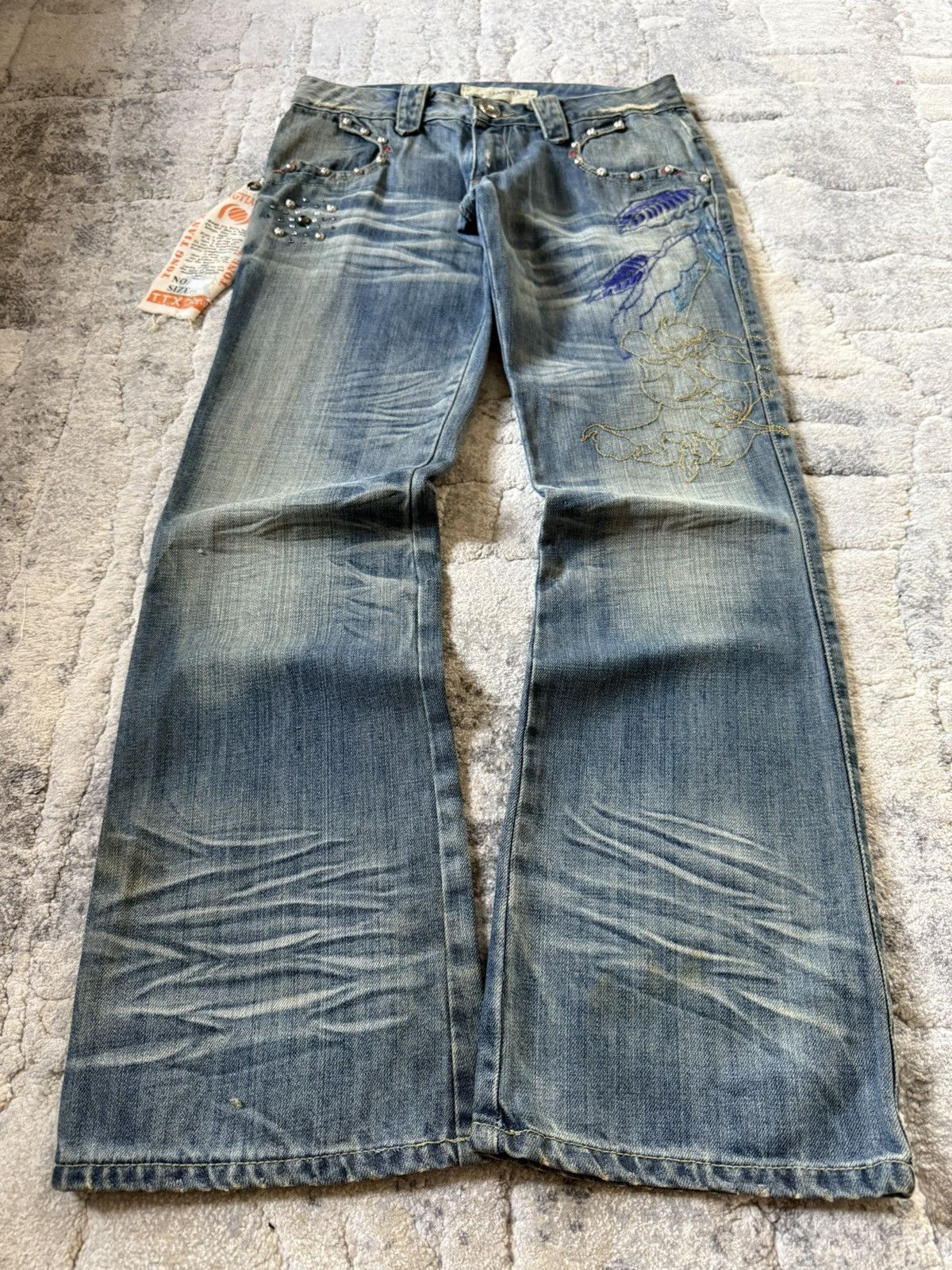 If Six Was Nine Studded Gemstone Claw Mark Muddy Wash Japanese Flared Jeans Size US 29 - 1 Thumbnail