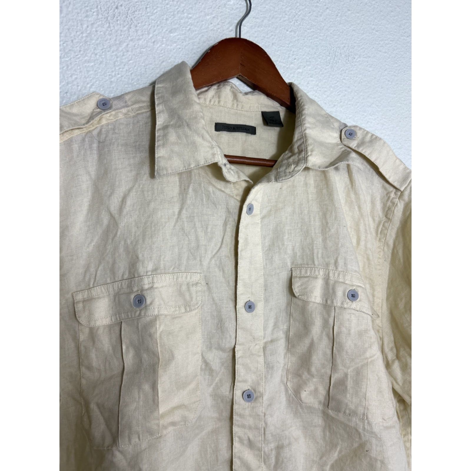 Vintage Field & Stream Shirt Mens L Yellow Linen Button Short Sleeve Pockets Size US L / EU 52-54 / 3 - 3 Thumbnail