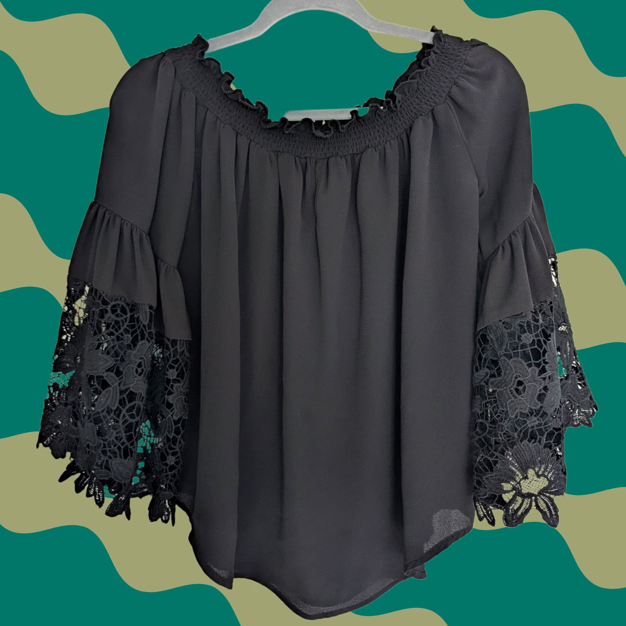 Vintage Havana Black Off The Shoulder Bell Lace Sleeve Top Womens S Black Off Shoulder Bell Lace Sleeve Blouse Bohemian 3/4 Sleeve Womens S Vintage Havana Size S / US 4 / IT 40 - 1 Thumbnail