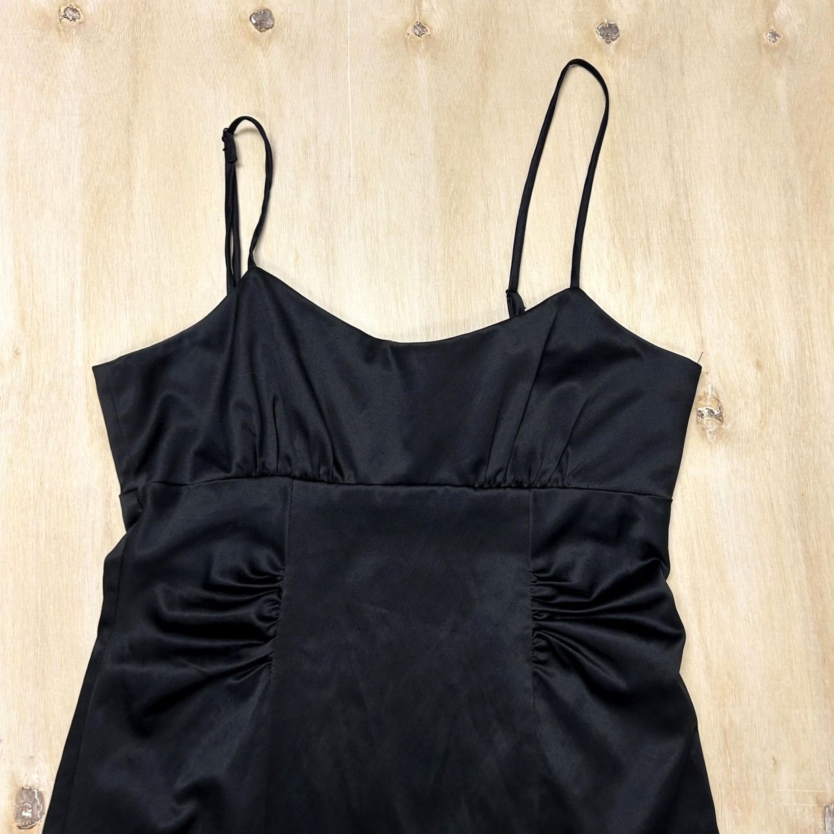 Vintage Twenty One Dress Womens Medium Black Satin Ruched Scoop Neck Slip Mini Dress Size M / US 6-8 / IT 42-44 - 2 Thumbnail
