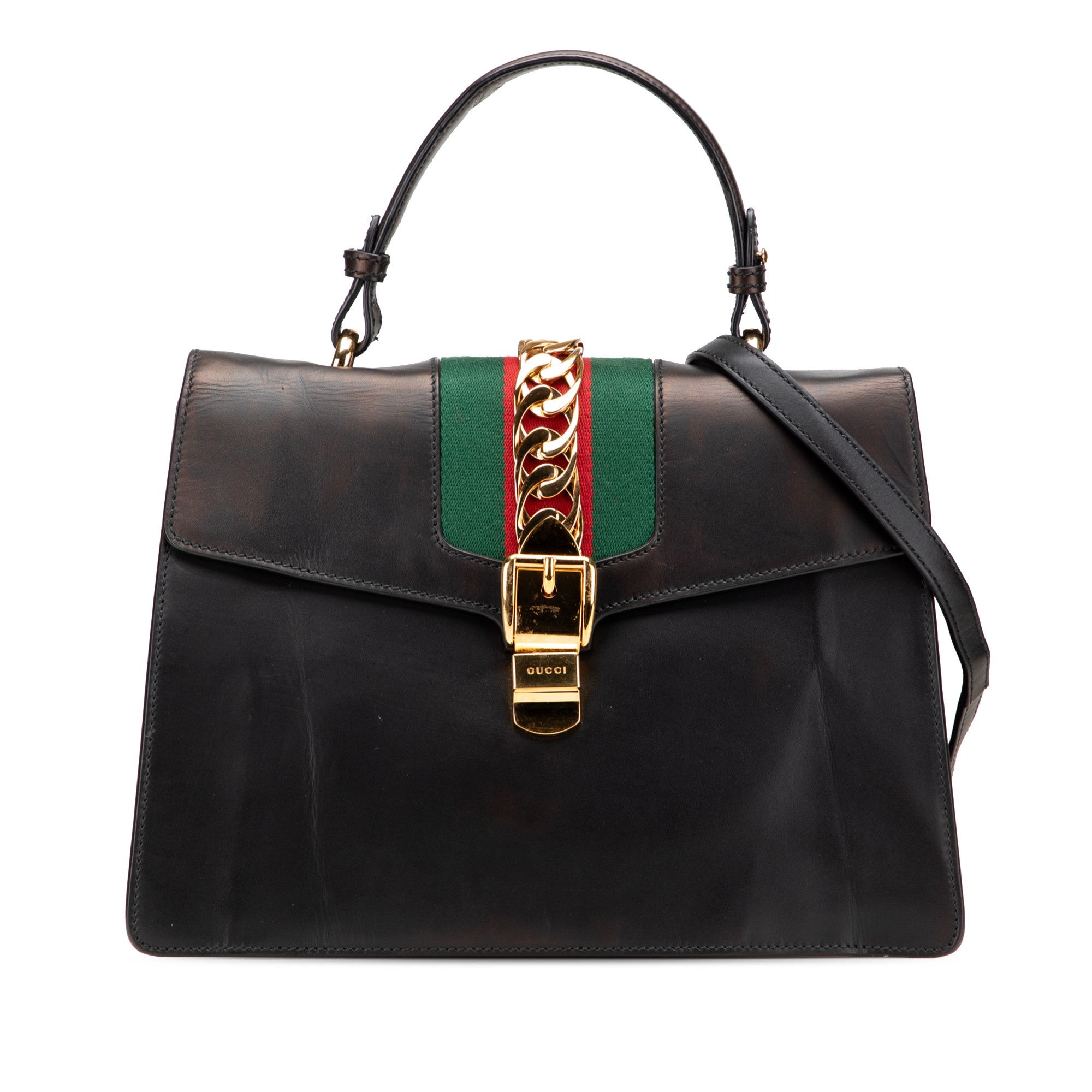 Gucci Medium Leather Sylvie Top Handle Bag in Black, Women's