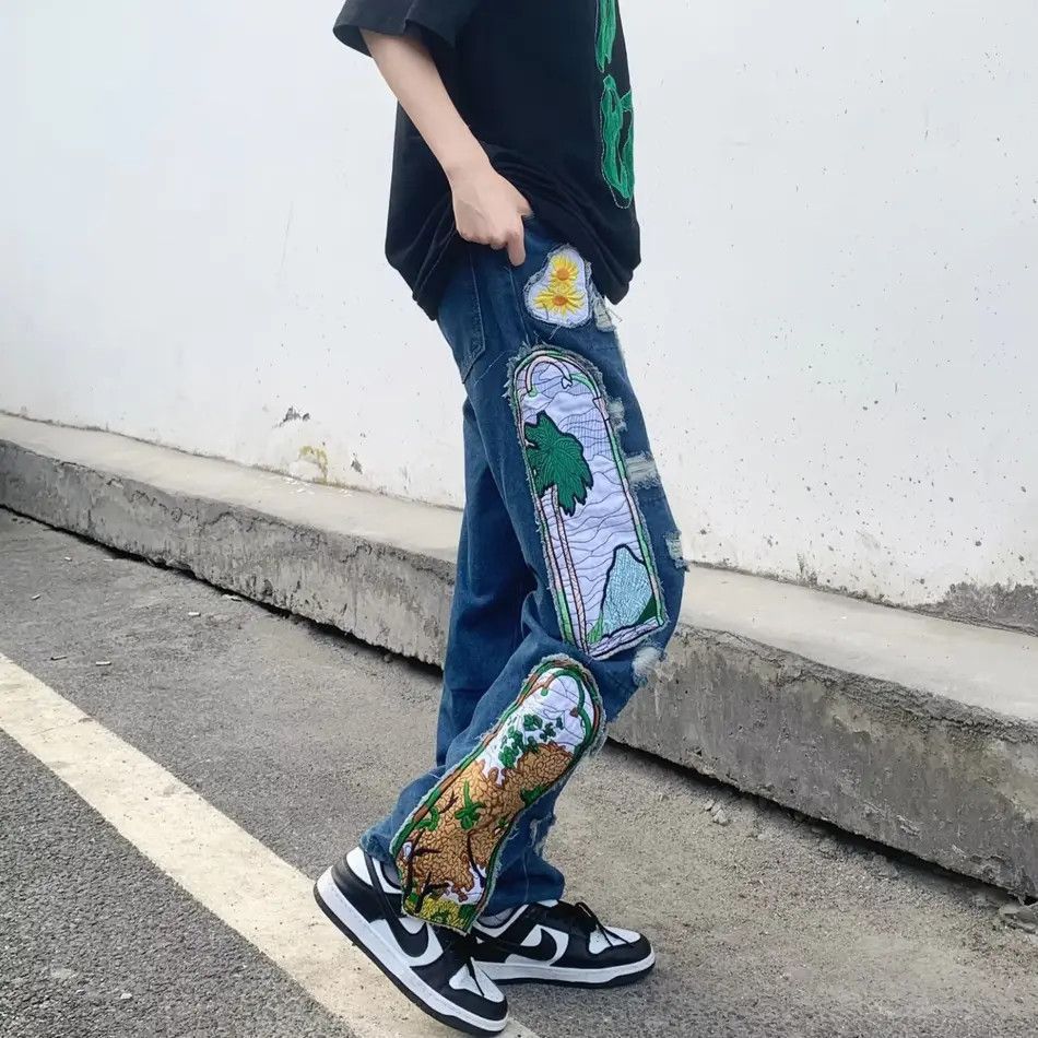 Japanese Brand Embroidered patchwork straight leg jeans Size US 32 / EU 48 - 3 Thumbnail