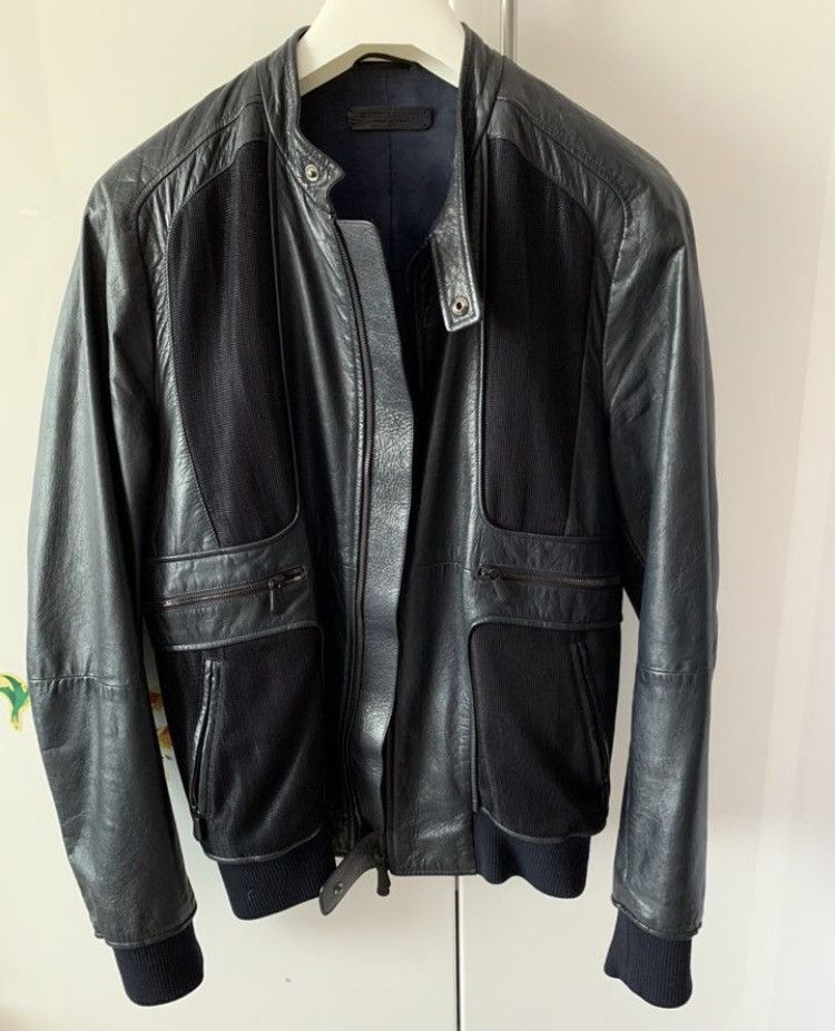 image of Bottega Veneta Leather Zip Up Detail Jacket in Blue, Men's (Size Medium)