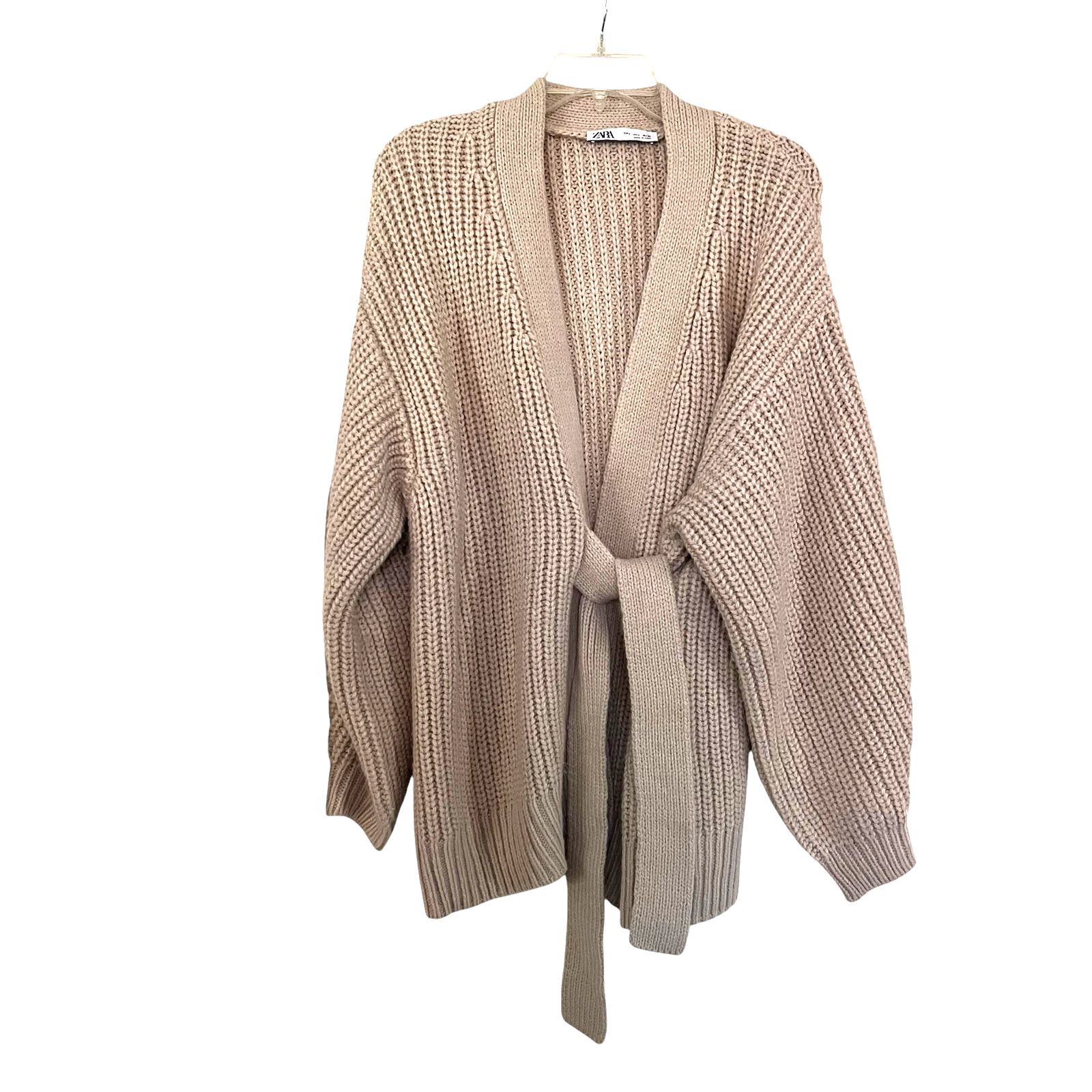Zara Zara Cream Beige Ribbed Knit Tie Waist Oversized Sweater Size L / US 10 / IT 46 - 4 Thumbnail