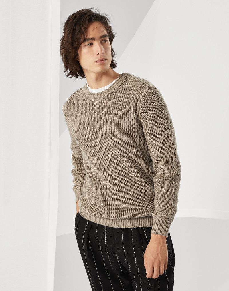 Brunello Cucinelli o1la1rc1a0326 Cotton Half English Rib Sweater in Brown Size US S / EU 44-46 / 1 - 1 Thumbnail