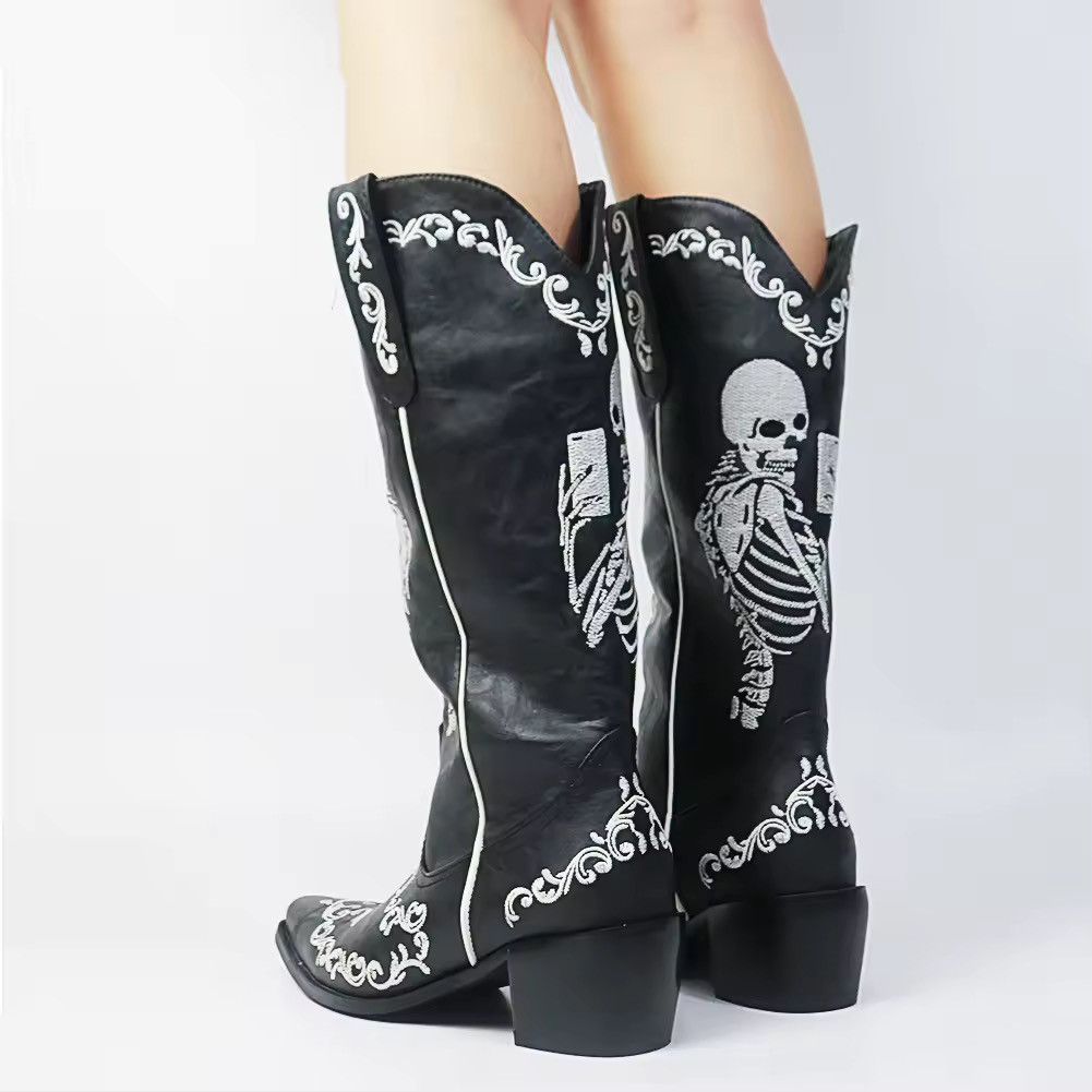 Vintage Gothic Punk Embroidered Skeleton Pattern Heel Boots Size US 9 / IT 39 - 4 Thumbnail