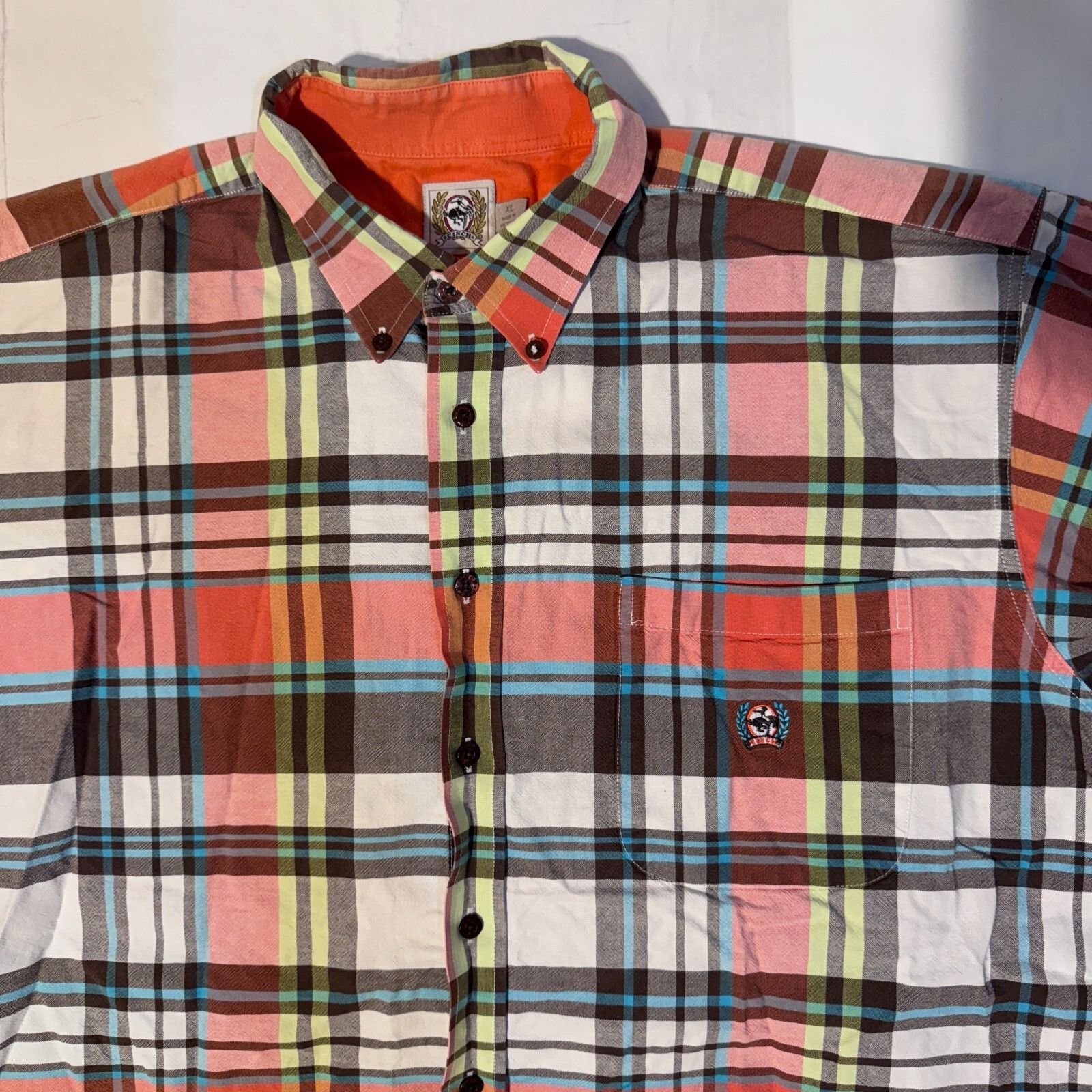CINCH Cinch Jeans Western Orange & Blue Plaid Short Sleeve Button Size US XL / EU 56 / 4 - 3 Thumbnail