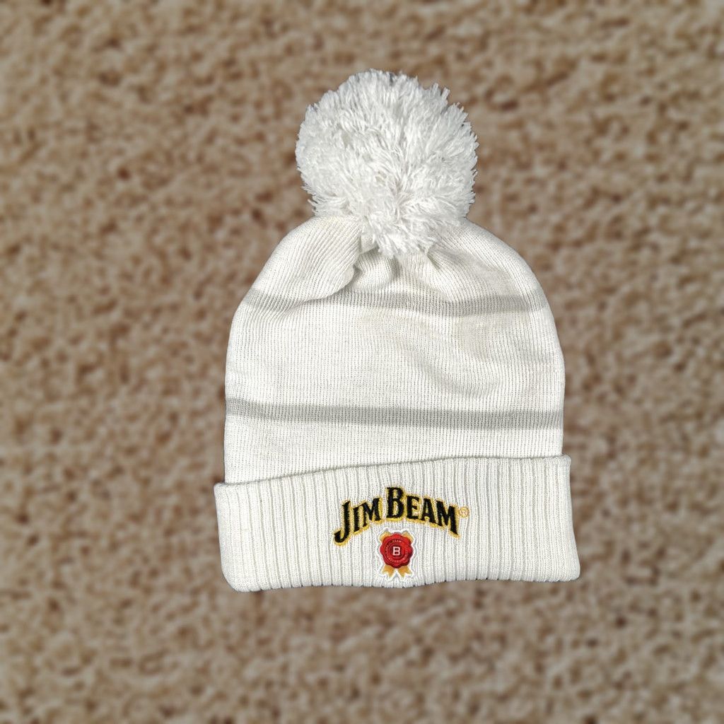 Vintage Jim Beam Hat Beanie Mens One Size White Knit Pom Logo Winter Casual Size ONE SIZE - 1 Thumbnail