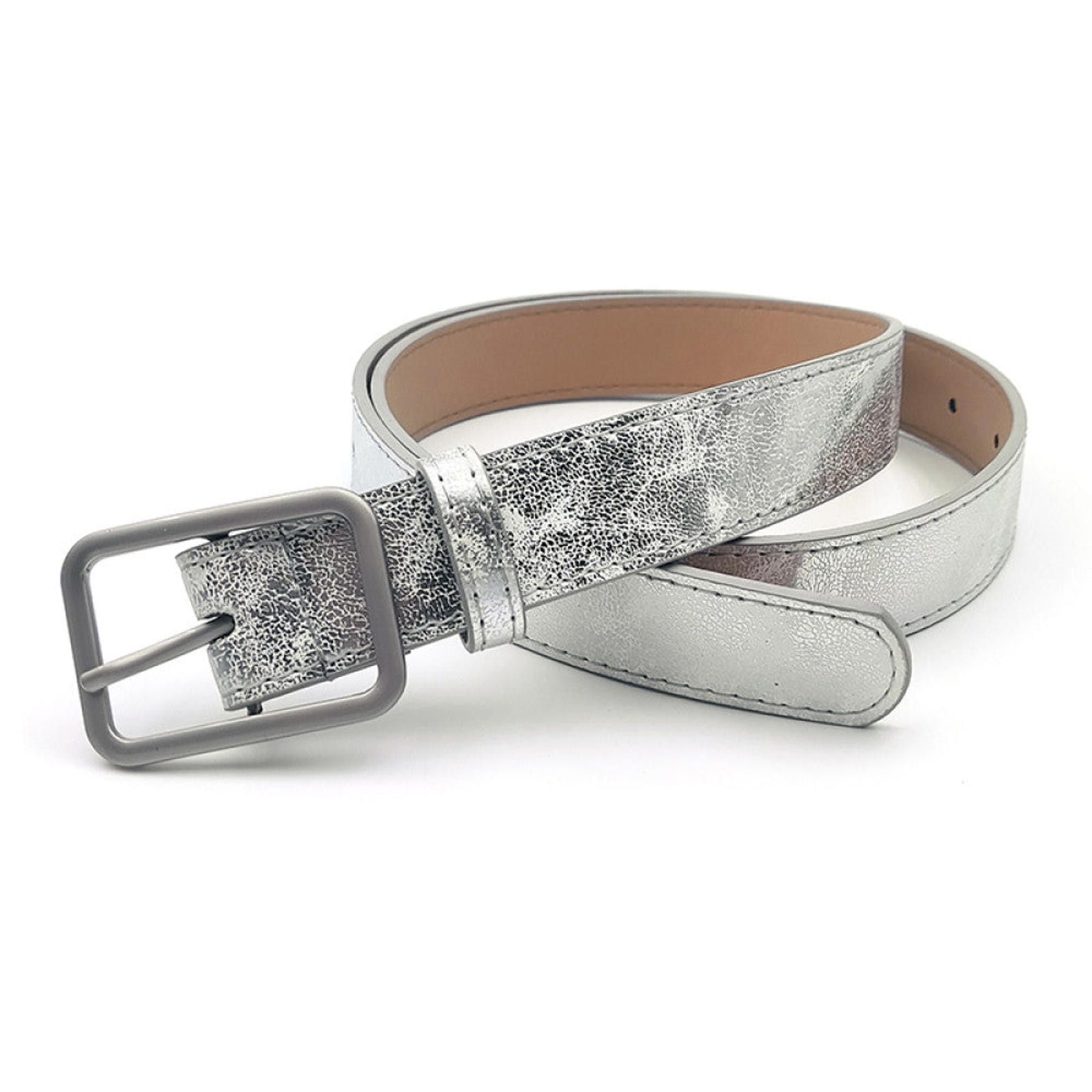 Leather Metallic Silver Belt with Sleek Buckle Size ONE SIZE - 1 Thumbnail