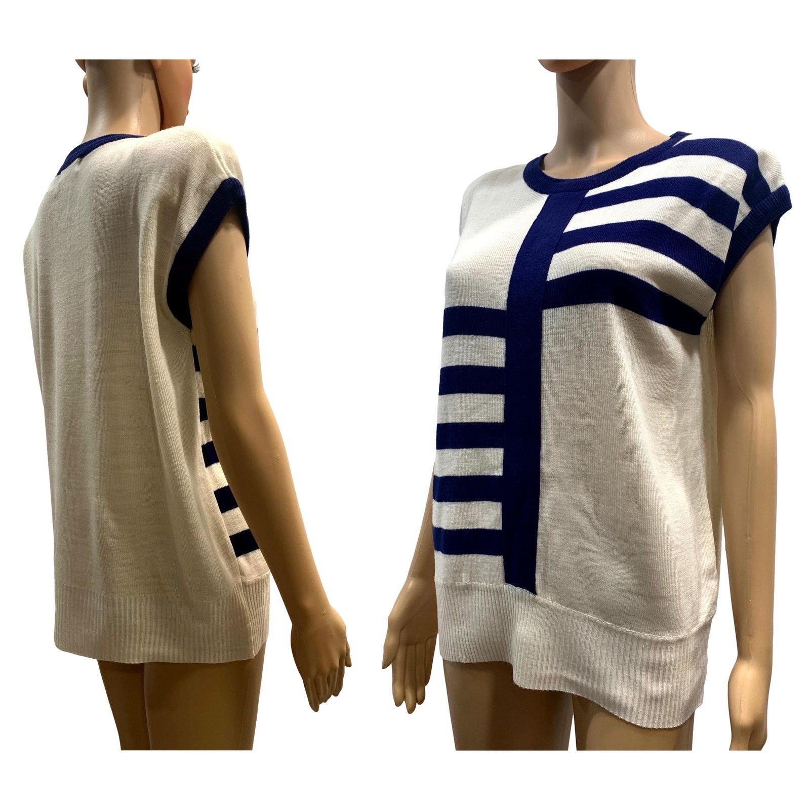 Vintage 80s Chic White & Navy Blue Sleeveless Sweater Vest Tunic | S Size S / US 4 / IT 40 - 8 Thumbnail