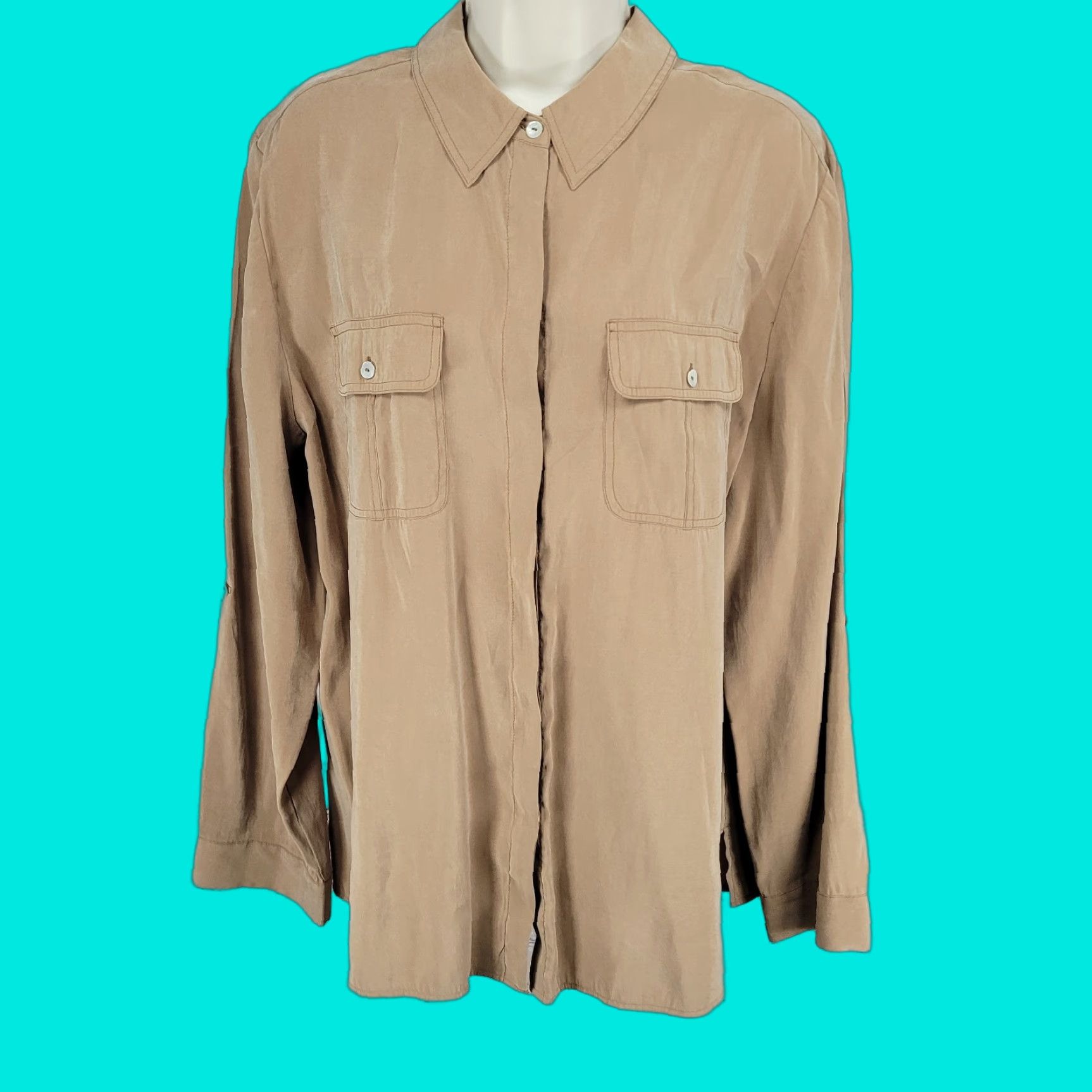 Vintage Chico's Button-Up Shirt XL Brown Microfiber Long Sleeve Roll Tab Blouse Top Womens Classic Easy Care Pockets Size XL / US 12-14 / IT 48-50 - 1 Thumbnail