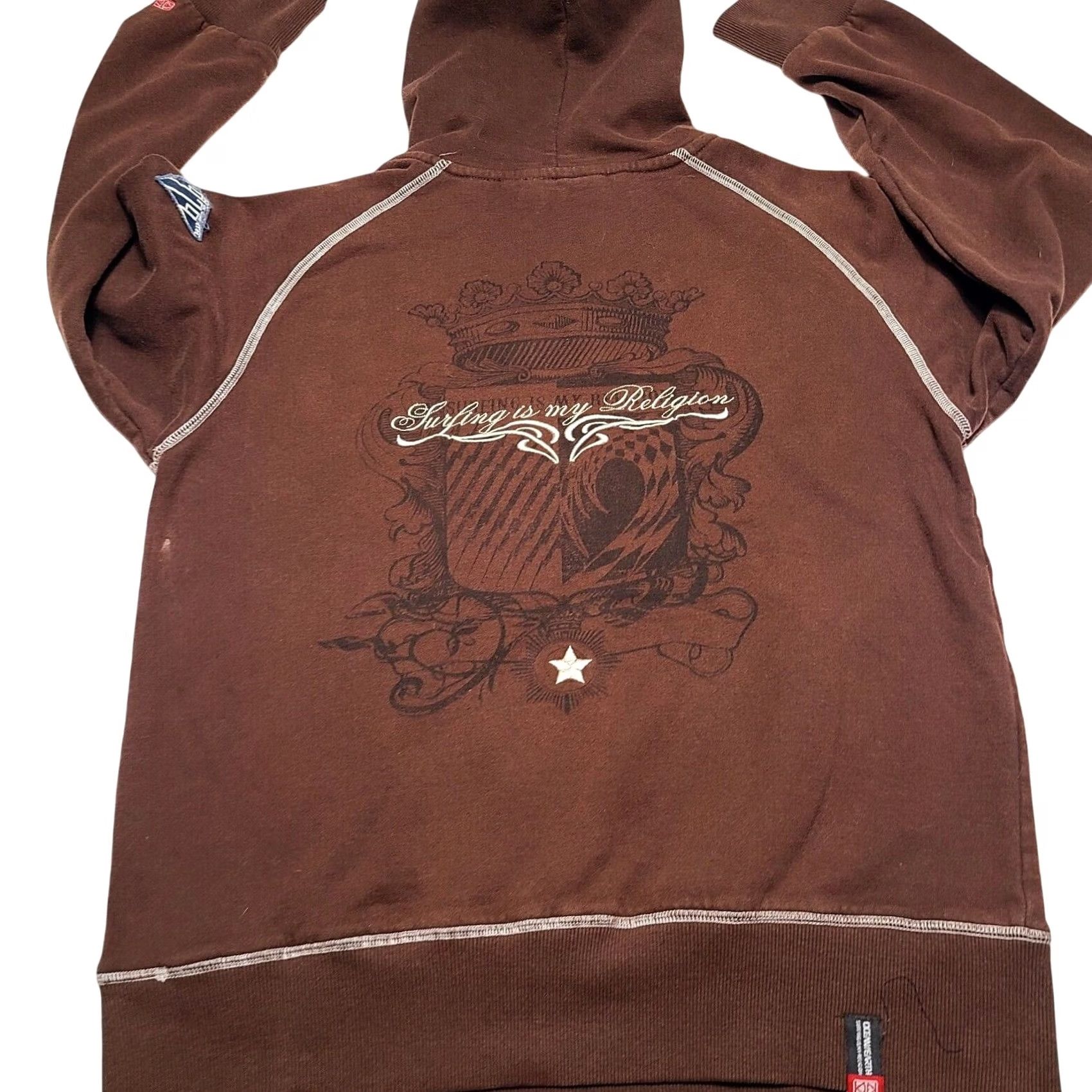 Vintage Ocean And Earth "Surfing Is My Religion" Hoodie Mens S Size Small Graphic Y2k Brown Cotton Blend Pullover Long Sleeve Size US S / EU 44-46 / 1 - 2 Thumbnail