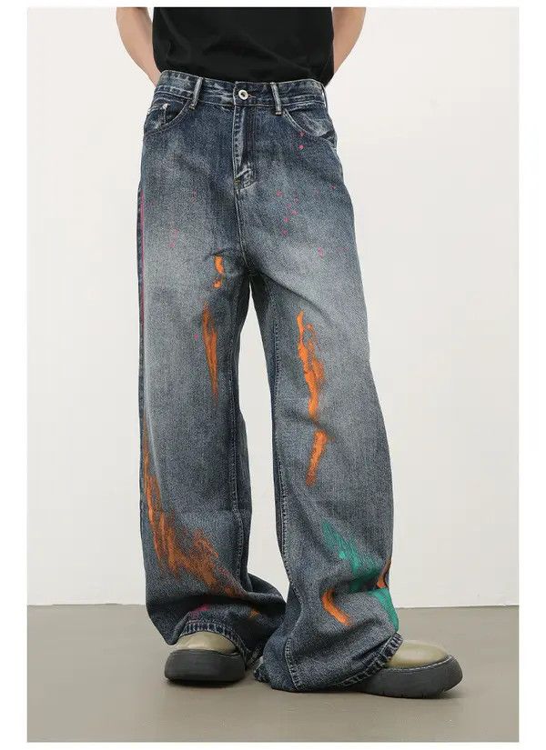 Japanese Brand Son Japanese retro ink-splashed loose straight jeans for men Size US 34 / EU 50 - 2 Thumbnail