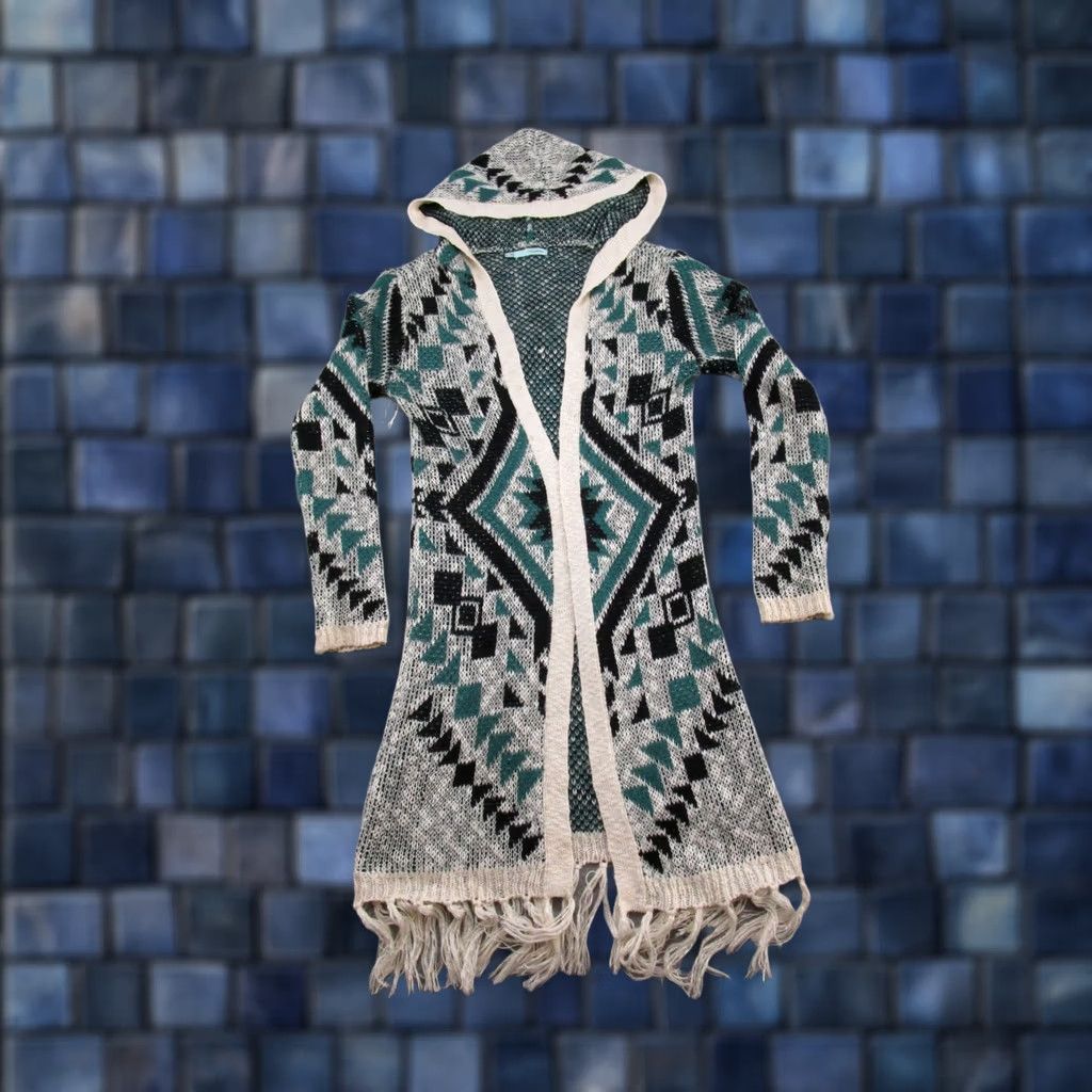 Vintage Maurices Open Front Fringe Aztec Navajo Distressed Cardigan Sweater Size S Size S / US 4 / IT 40 - 1 Thumbnail