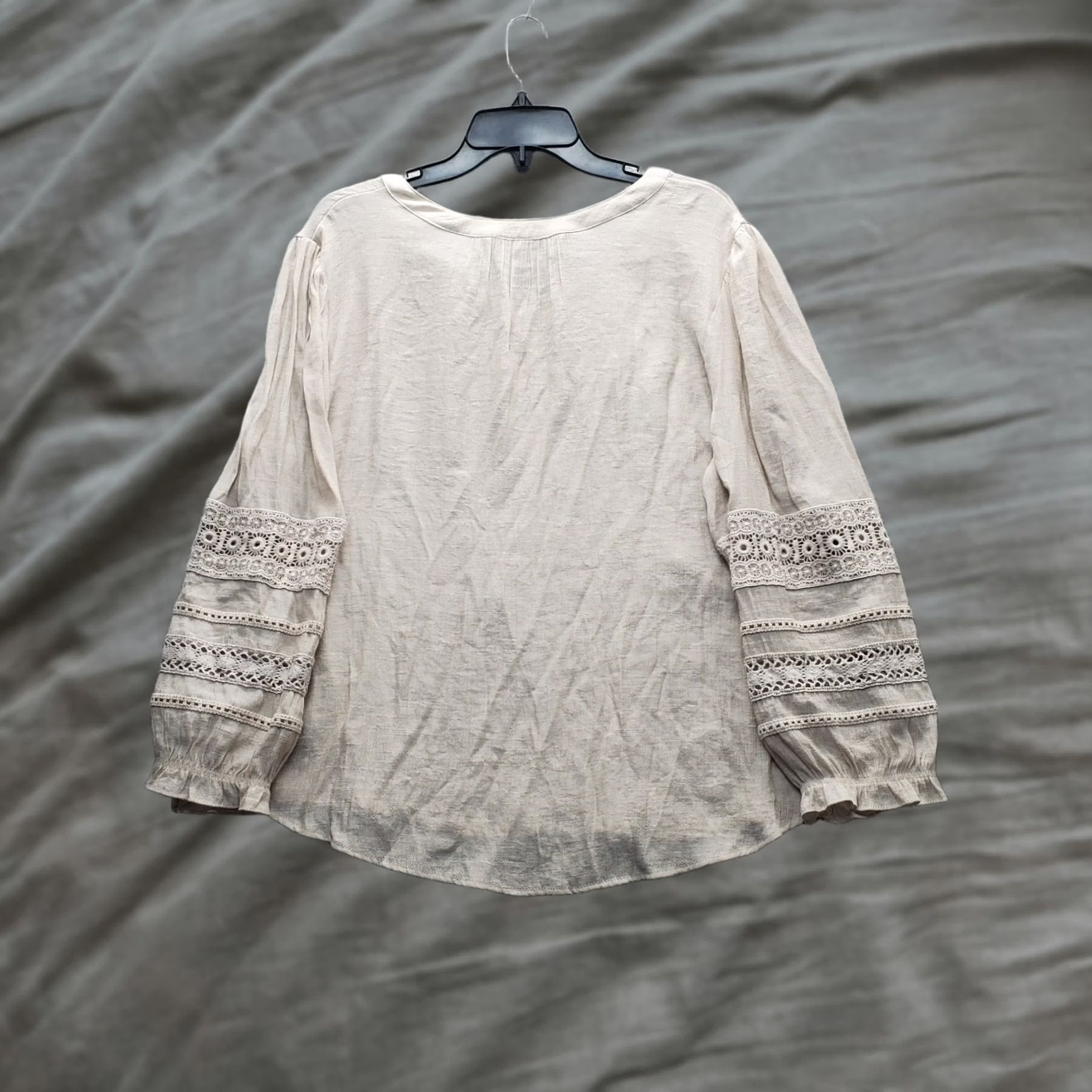 Vintage BCX Blouse Womens XL Tan Crochet Trim Balloon Sleeve V Neck Tie Front Shirt Adults Womens Size XL / US 12-14 / IT 48-50 - 1 Thumbnail