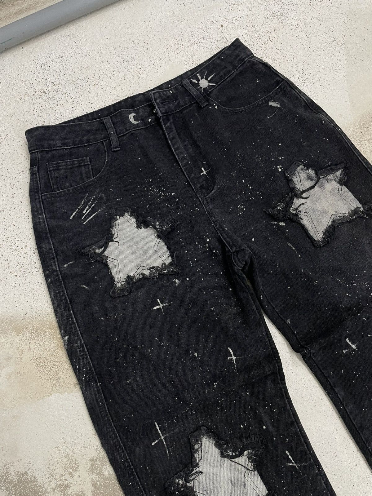Japanese Brand Wide Distressed Denim Y2K Star Moon Painting Custom Paint Size US 31 - 4 Thumbnail