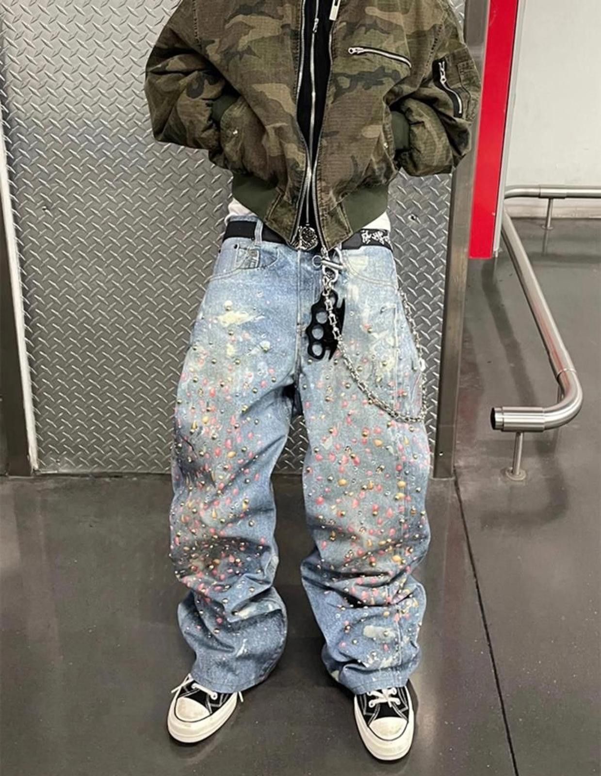 Jean Light Blue Baggy Denim Jeans with Paint Splatter and Studs Size US 32 / EU 48 - 2 Thumbnail