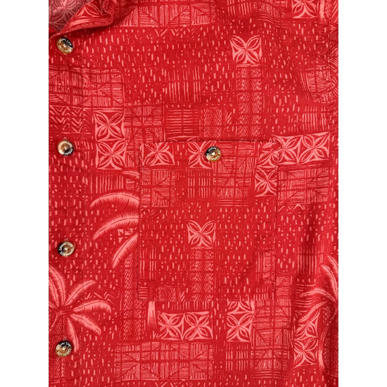 Vintage Casual Life Shirt Men L Red Floral Palm Leaf 100% Cotton Hawaiian Pocket Button-Up Short Sleeve 40 in Chest Regular All Seasons Pockets Size US L / EU 52-54 / 3 - 6 Thumbnail