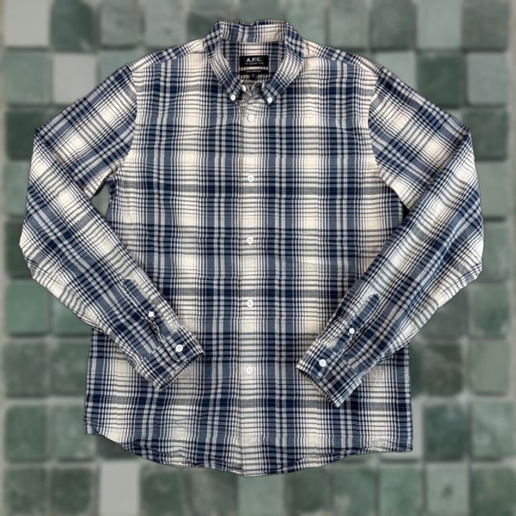 Vintage APC Rue Madame Paris Shirt Mens Medium Blue Plaid Long Sleeve Button-Up Collar Pockets Back Designer Preppy Size US M / EU 48-50 / 2 - 1 Thumbnail