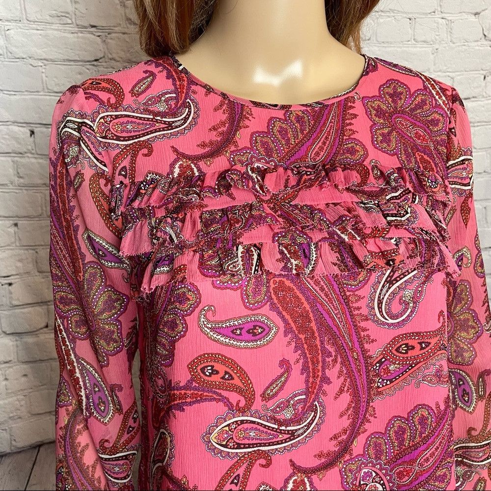 J.Crew J. Crew Ruffle Front Paisley Silk Pink Blouse Size 2 Size XS / US 0-2 / IT 36-38 - 9 Thumbnail