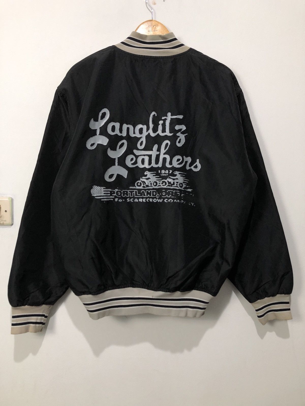 image of Varsity Jacket x Vintage Langlitz Leathers X Scare Crow Jacket in Black, Men's (Size XL)