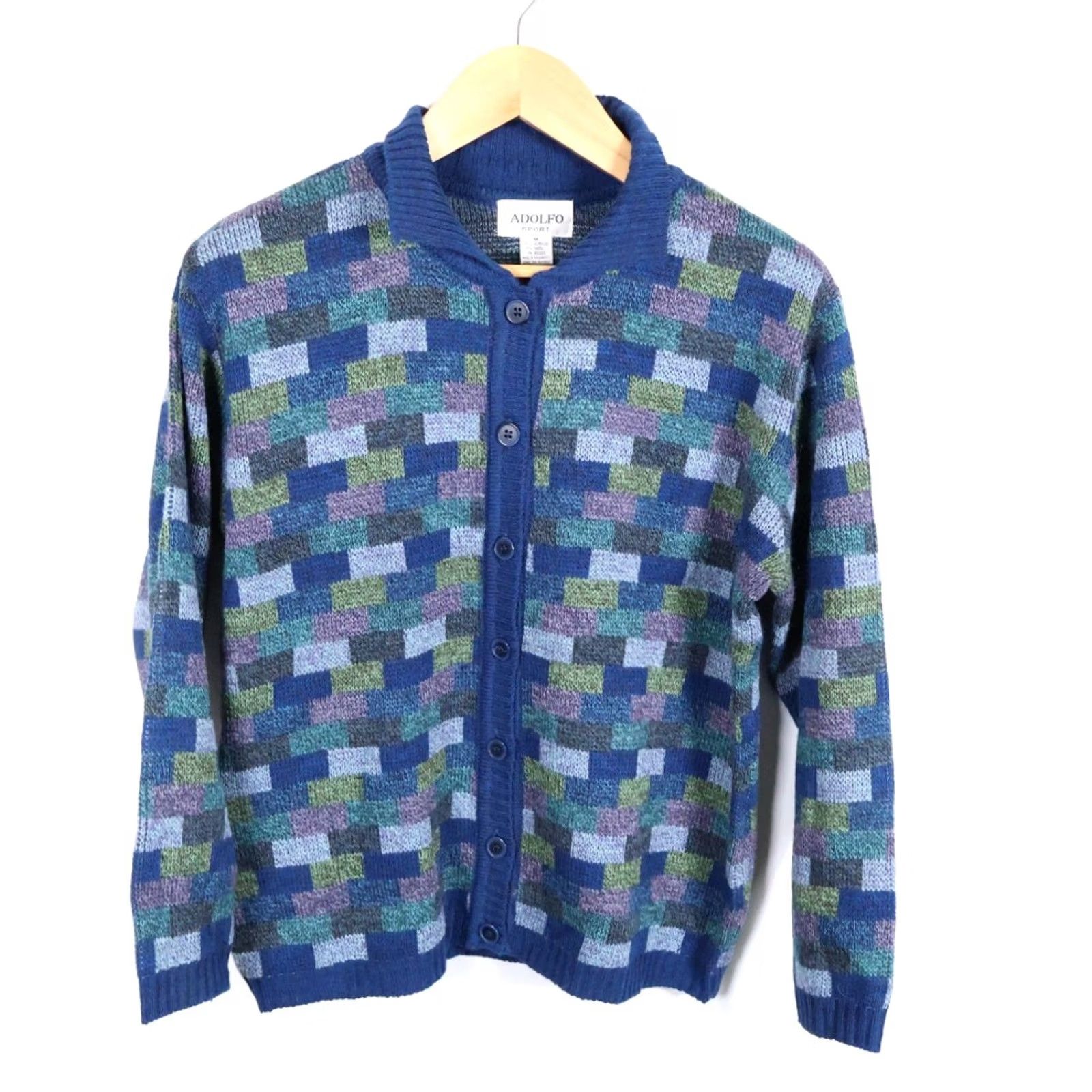 Vintage Adolfo Wool Blend Cardigan Women's Medium Blue Check Pattern Collared Sweater Size M / US 6-8 / IT 42-44 - 2 Thumbnail