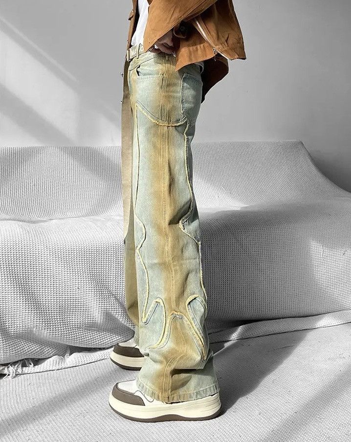Japanese Brand × Jean Retro yellow mud straight wide leg draped design jeans Size US 30 / EU 46 - 4 Thumbnail