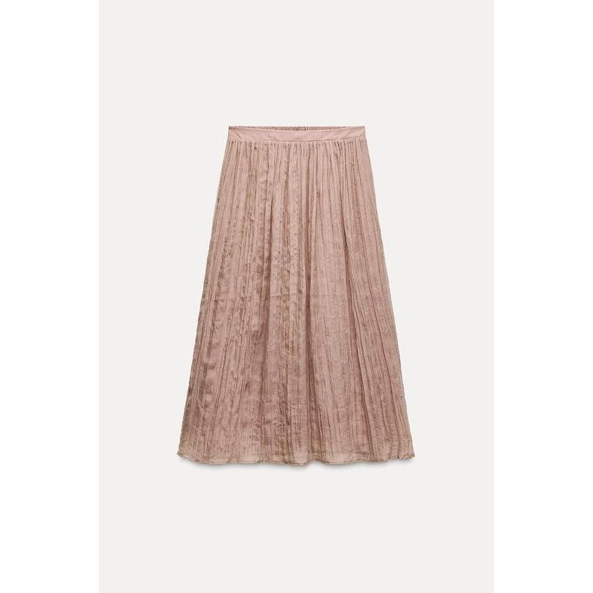 Zara Zara Wrinkle Effect Elastic Waist Pale Pink Lined Midi Skirt Size 27" / US 4 / IT 40 - 4 Thumbnail