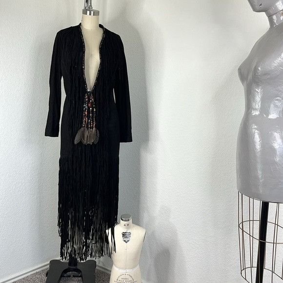 Designer × Handmade × Vintage Anna Trzebinski Navajo Sueded Beaded Fringe Leather Black Du Size M / US 6-8 / IT 42-44 - 1 Thumbnail