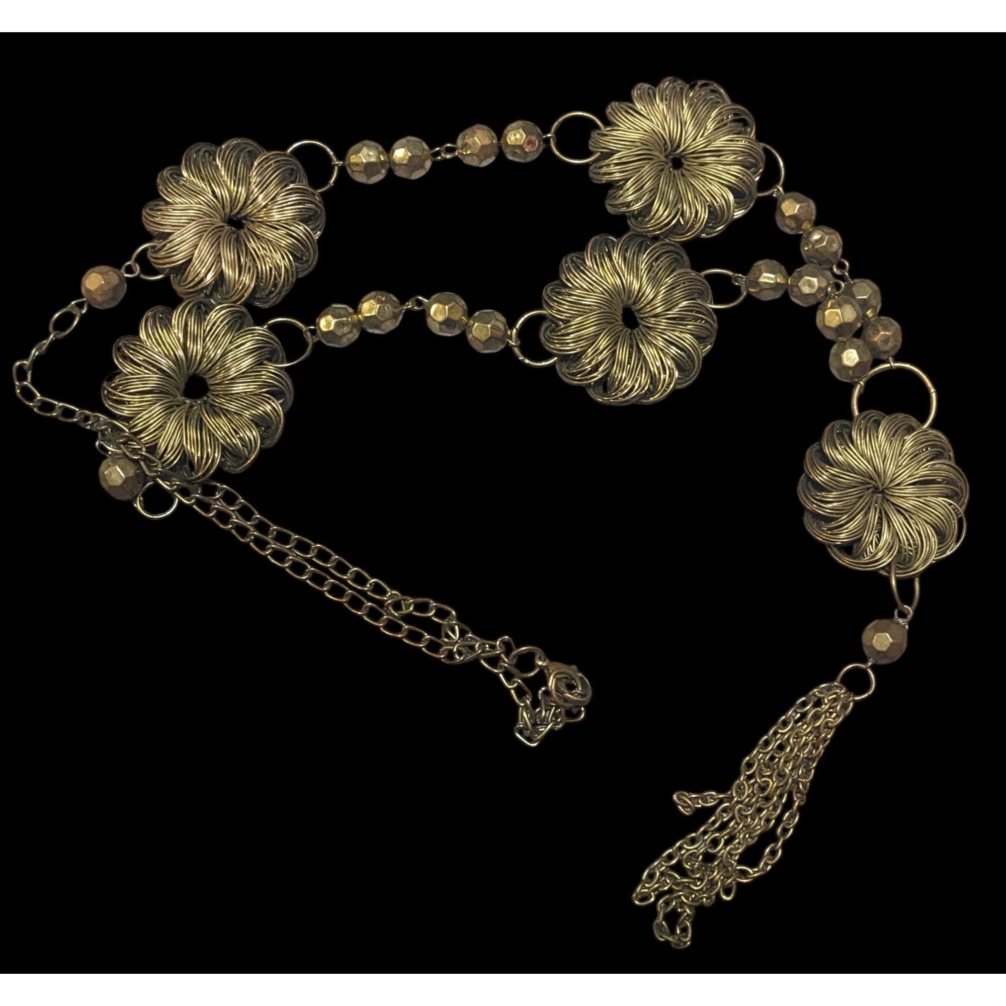 Other Vintage Wire Wrap Gold tone Floral Beaded Tassel Necklace Size ONE SIZE - 2 Thumbnail